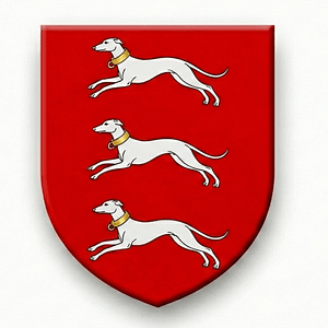 Wappen der Familie von Böhn: Rotes Schild mit drei silbernen, laufenden Bracken (Jagdhunden) mit goldenen Halsbändern.